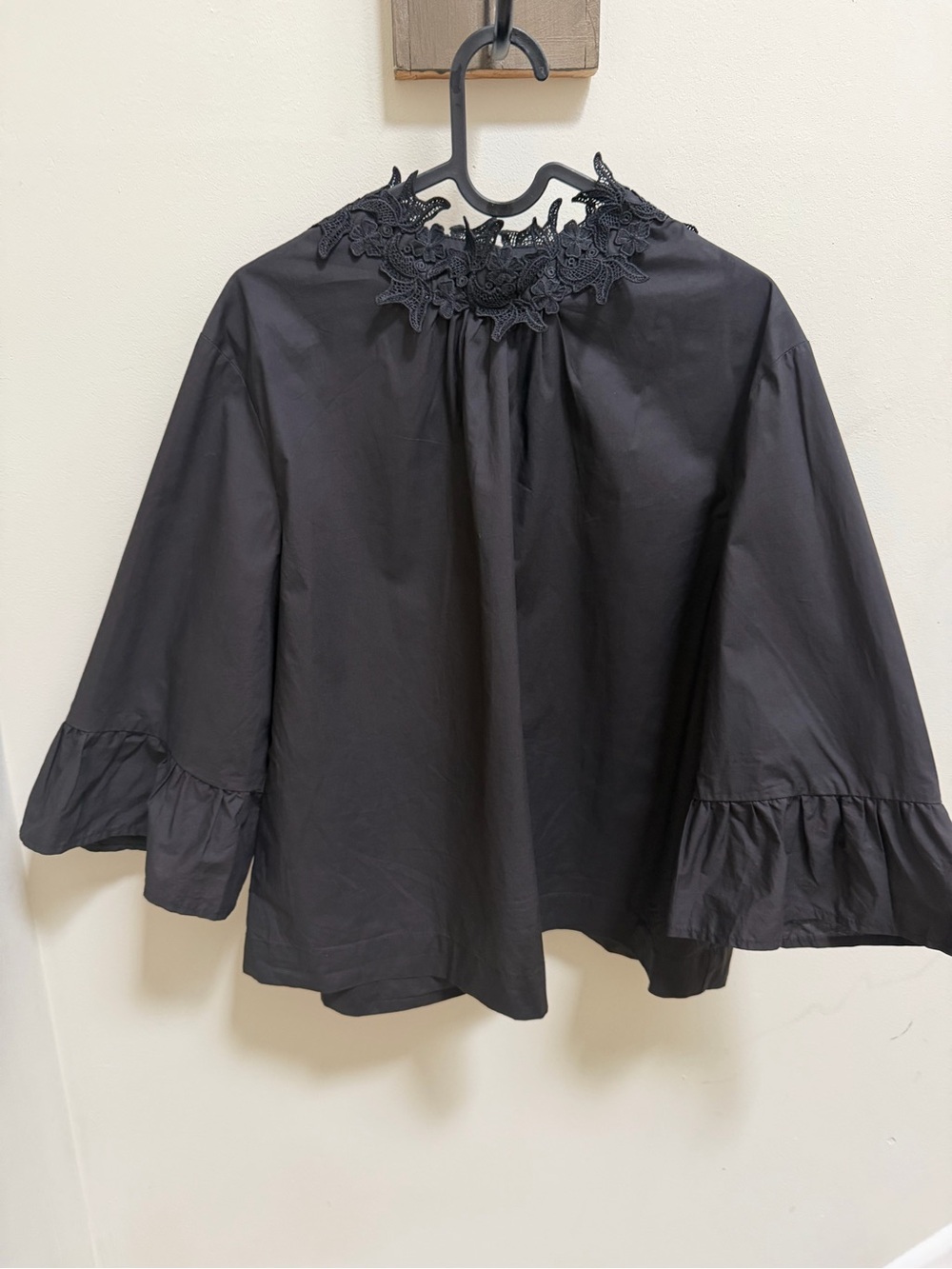 Nichii Black Lace Neck Bell Sleeve Blouse XXL NWT Elegant Poplin Top